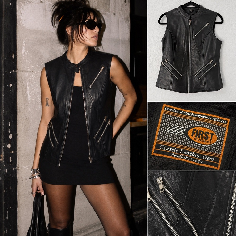First Classics Black Cowhide Leather Moto Vest Y2K Biker Zip Utility Punk